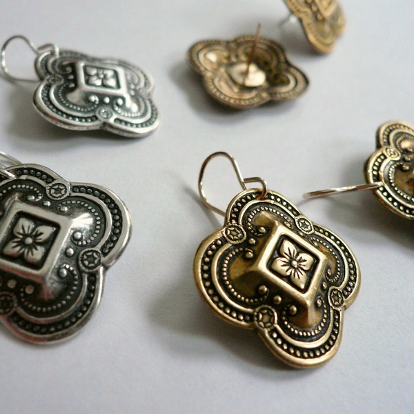 Celtic gold earrings, Irish clover dangles wth Art nouveau balanced cross drops, Outlander theme gift idea, drops, vintage Victorian revival