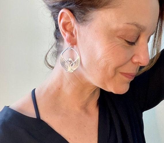 Goddess Isis jewelry Silver or Gold Egyptian Revival statement hoops Art Deco dangle earrings 1920s Flapper costume idea