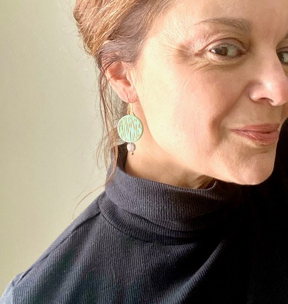 Vintage MCM earrings, gold and black earrings, atomic 1950s jewelry, mid century mod gift, new hypoallergenic 14KGF, black and gold discs View 5