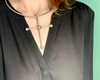 Silver cross necklace choker XL, big statement choker necklace, vintage Yurman style collar necklace with brutalist ball end cross