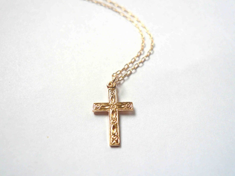 Gold cross necklace, Christian cross, heirloom religious necklace, first communion gift, confirmation gift, gift for mom, 14K GF gold fill