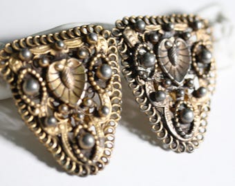 Vintage Victorian dress clips Antique metal lily fur or shoe clip pair Very old metalwork jewelry