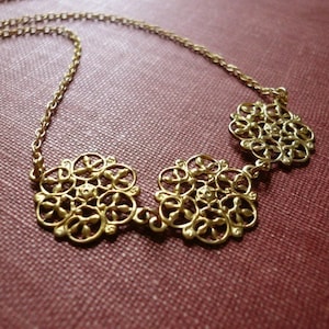 Vintage style brass gold Victorian filigree necklace, romantic floral filigree flower necklace, bridal party or Downton Abbey theme wedding