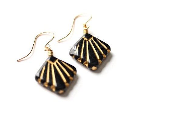 Art deco black and gold earrings, dainty 20s dang… - image 2