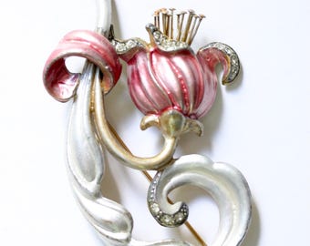Large antique tulip brooch Pink floral pin Big Art Nouveau flower statement jewelry Oversized vintage costume jewelry 4 Inch Collectible Pin