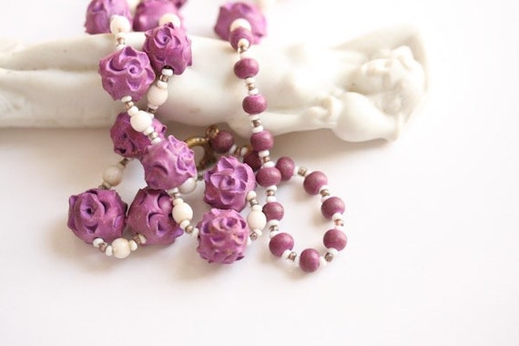 White glass bead purple flower necklace, tropical… - image 2