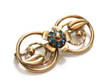 Antique 12k Gold filled infinity brooch Faux sapphire flower 12KGF LSCO signed lapel pin Edwardian Victorian jewelry Groom wedding gift idea
