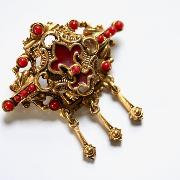 Renaissance revival brooch, vintage red and gold signed Florenza brooch, Italian style fleur-de-lis lapel pin, made in the USA 1960s jewelry