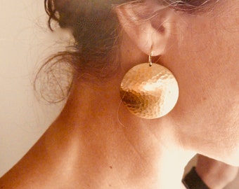 Rustic earrings, Glam gold disc earrings, big hammered gold earrings on 14K gold fill ear wires, boho statement earrings, gift for friend.