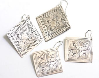 Mexican style silver earrings Large diamond or small square vintage pendants on 925 solid sterling wires Unique light southwestern dangles