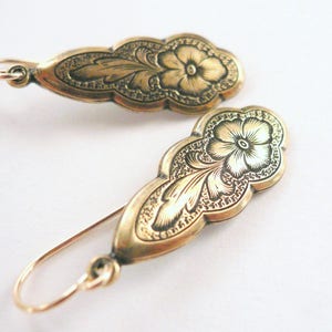 Gold Victorian earrings, Romantic gold earrings, art nouveau feminine dangles, gold flower earrings, 14KGF gold fill ear wires, gift for mom