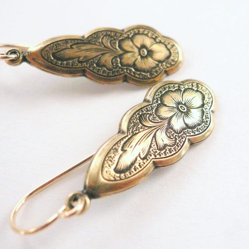 Boucles d'oreilles victoriennes en or, boucles d'oreilles romantiques en or, pendentifs féminins art nouveau, boucles d'oreilles fleurs en or, fils d'oreilles en gold fill 14KGF, cadeau pour maman