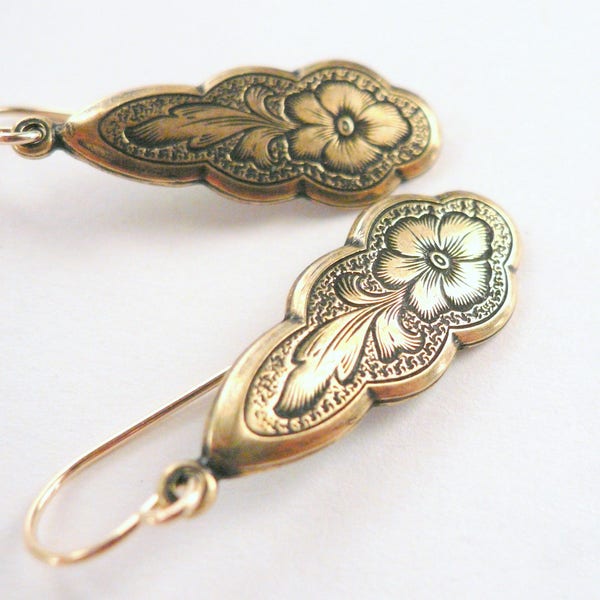 Gold Viktorianische Ohrringe, Romantische Gold Ohrringe, Jugendstil Ohrhänger, Gold Blumen Ohrhaken, Geschenk für Mama