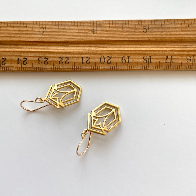 Gold art deco earrings Frank Lloyd Wright inspired shown with ruler Frank Lloyd Wright gold architecture earrings, Art deco gold earrings, handmade Geometric gold dangles, 1920s jewelry gift for architect