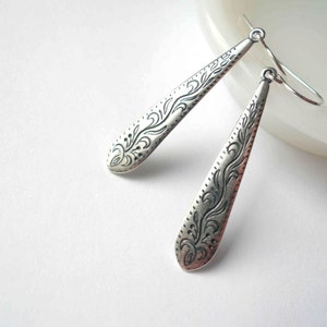 Silver earrings, vintage style Downton Abbey jewelry, Edwardian earrings, detailed Victorian drops, long silver dangles, sterling ear wire