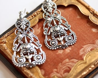 Glam silver Bollywood statement earrings, pretty floral Arabesque jewelry filigree large silver earrings, detailed silver Moroccan dangles