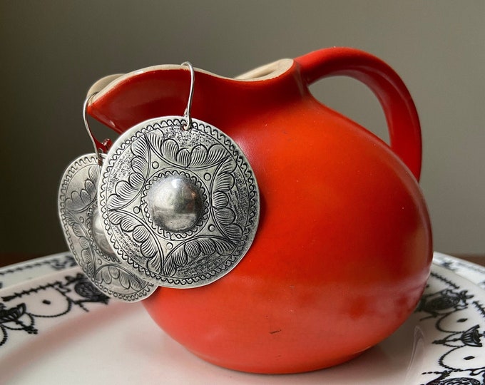 Mexican style silver earrings, big round vintage pendants, unique fabulous casual lightweight southwestern silver dangles on sterling wires
