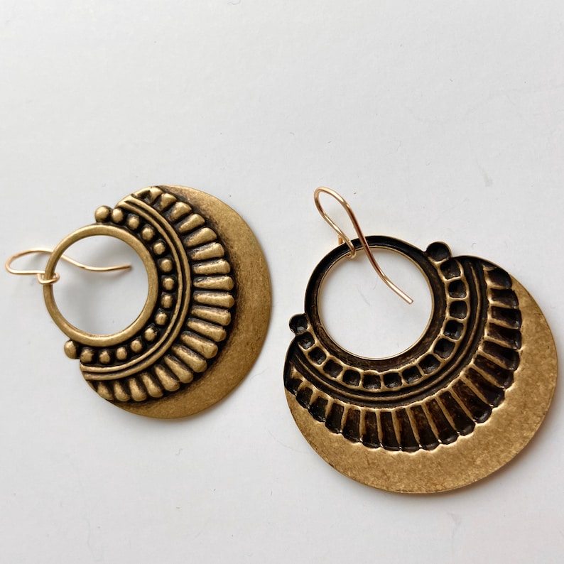 Boho chic hoops, festival earrings, bronze boho earrings, boho hoops, antiqued gold tribal dangles, big gold hoop earrings, babysitter gift