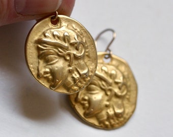 Luxury ancient coin earrings, Greek goddess gold earrings, museum reproduction amulet gold dangle, unique achaeology gift, Minerva and owl
