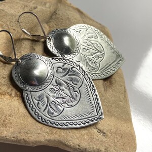 Moroccan silver earrings, Lightweight southwestern silver dangles, Mexican style stamped tin, Sterling ear wires, hand stamped Thai pendants image 7