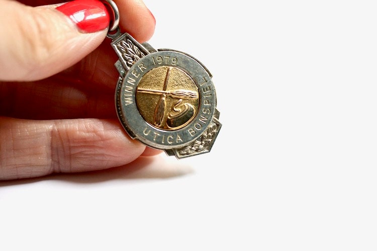Vintage big heavy sterling silver charm 70s Utica bonspiel New York pendant Local history souvenir Old sports award Watch fob Unique NY gift