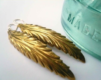 Long gold feather or leaf earrings with Boho style lightweight statement charms on 14KGF French loops or leverbacks or adjustable clip ons