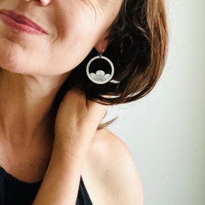 Big silver lotus flower hoop earrings, sunrise zen or yoga jewelry, pretty and meaningful gift of rebirth for new job transition or new mom