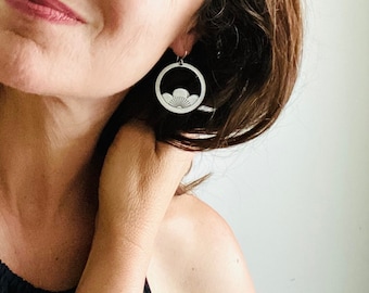 Big silver lotus flower hoop earrings, sunrise zen or yoga jewelry, pretty and meaningful gift of rebirth for new job transition or new mom
