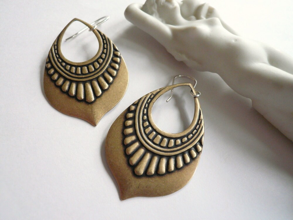 Bronze teardrop hoops, Egyptian tribal hoop earrings with sterling or gold fill ear wires, lightweight golden hoops with geometric design