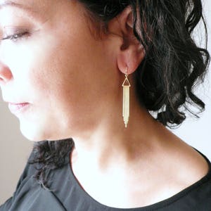 Long gold earrings, Art deco earrings, 1920s earrings, New York earrings, Chrysler building NYC souvenir, Great Gatsby geometric gold drops
