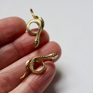May include: Two gold-colored snake earrings. The snakes are curled into a circle and have detailed scales.