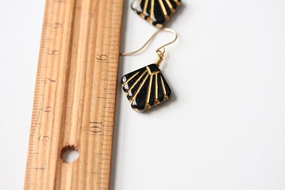 Art deco black and gold earrings, dainty 20s dang… - image 4