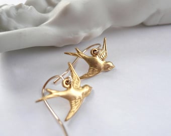 Dainty little gold bird earrings, sparrow or goldfinch, silver bird earrings, lightweight high quality 14KGF ear wires, bird watcher gift