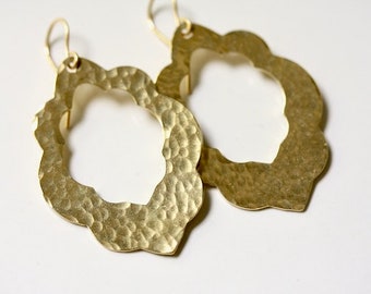 Big Arabesque hammered brass earrings Classic cut out gold Moroccan dangles Curvy hand hammered Marrakesh pendants on hypoallergenic 14KGF