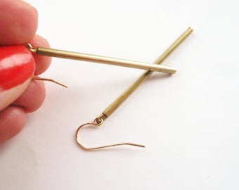 Simple long gold bar earrings, Minimalist gold earrings, Modern gold dangle, Vintage brass gold bar earrings, long gold dangles, 14KGF wires
