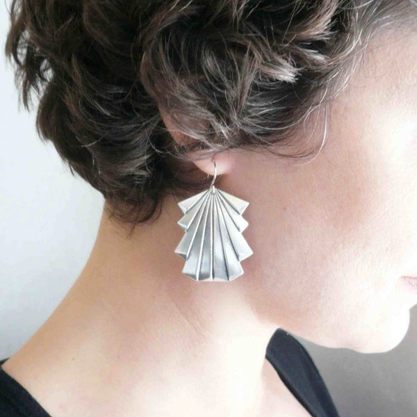 Big art deco silver earrings for sensitive ears, art nouveau bridal earrings on 925 sterling, handmade statement jewelry, big silver dangles