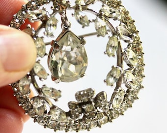 Vintage clear rhinestone brooch Rhinestone dangle pin Sparkly drop brooch Clear crystal art deco clip Antique paste jewelry Best Aries gift