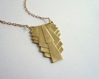 Gold layering necklace, Art deco necklace, 1920s modernist geometric long or short chain, pyramid step Great Gatsby vintage party theme gift