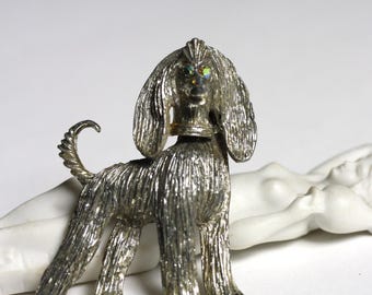 Large Vintage Afghan hound dog brooch Heavy metal tremblant pin Big unsigned puppy lover Silvertone AB rhinestone eyes Jewelry gift idea