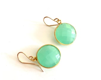 Jadeite green round solitaire chalcedony earrings, mint or sea green gift for Libra, calming chakra jewelry, beautiful gift for Irish girl