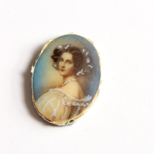 Tiny unframed antique cameo painting, hand painted portrait art, Mini dollhouse wall art idea, miniature cameo finding doll house wall decor