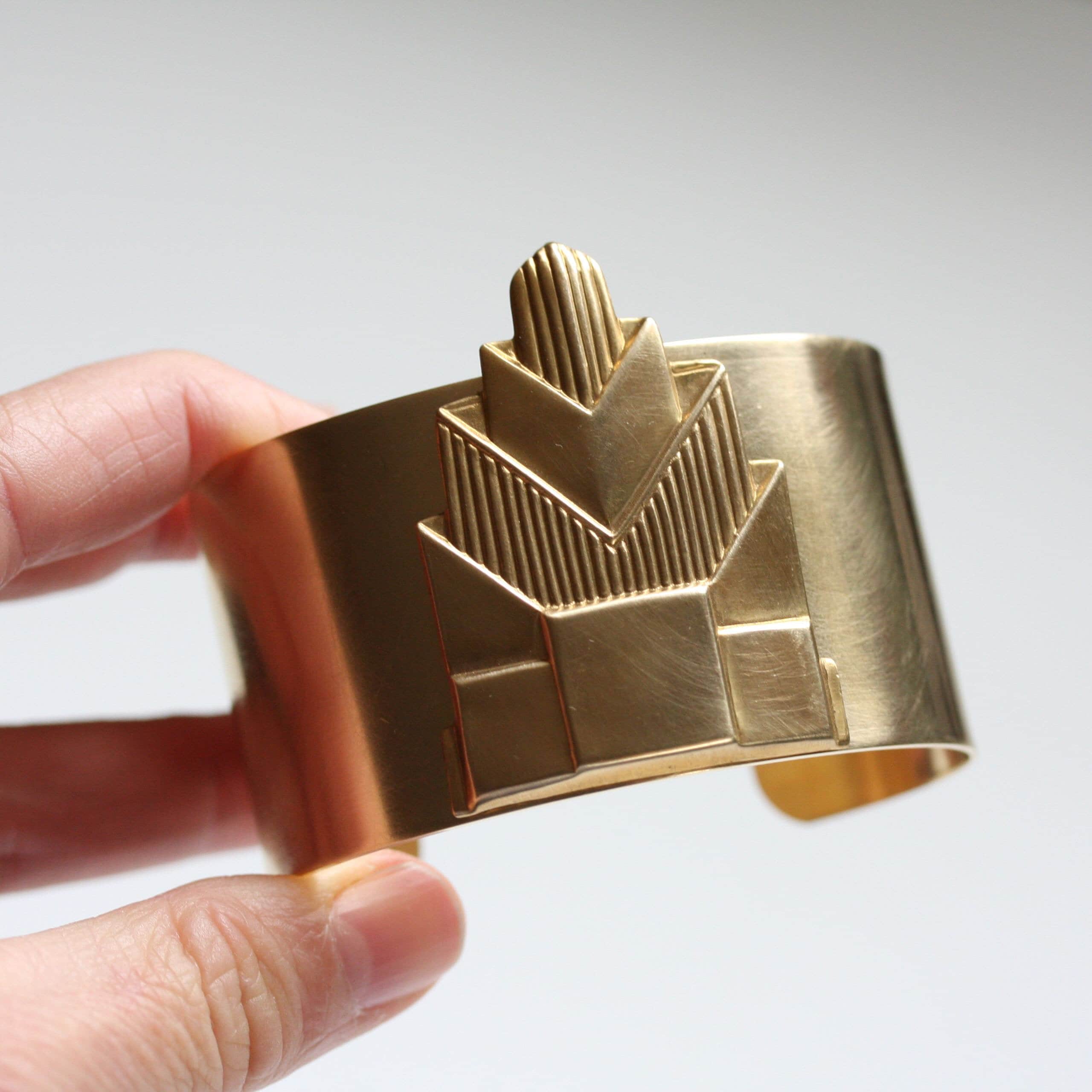 Wide gold Art Deco bracelet cuff, Great Gatsby vintage style big brass bracelet, 1920s party gift with architecture inspired geometric focal