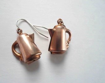 Retro coffee earrings, vintage copper cafe dangles for men and women, unisex coffee lover gift for coffee drinker or barista, 925 sterling