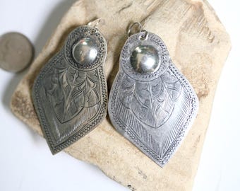 Moroccan silver earrings Lightweight southwestern dangles Mexican style 925 solid sterling USA ear wires Handmade stamped brass pendants