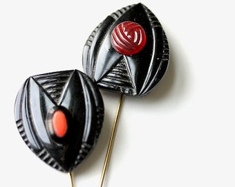 Art Deco pressed glass black red lapel pin, Great Gatsby groomsman tie pin, fathers day gift for dad, uncle or grandpa, stick pin, hat pin