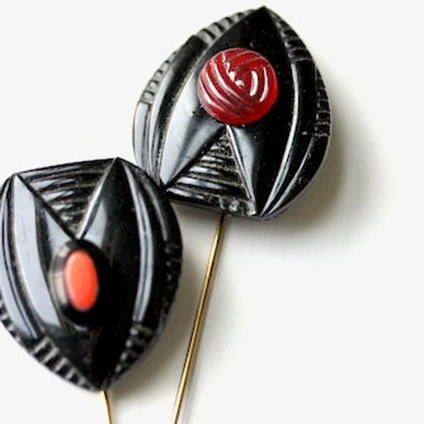 Art Deco pressed glass black red lapel pin, Great Gatsby groomsman tie pin, fathers day gift for dad, uncle or grandpa, stick pin, hat pin