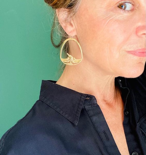 Gold Phoenix rising big bird earrings Hypoallergenic made in the USA 1920s Art Deco gold hoops Brass statement dangles Meaningful gift idea