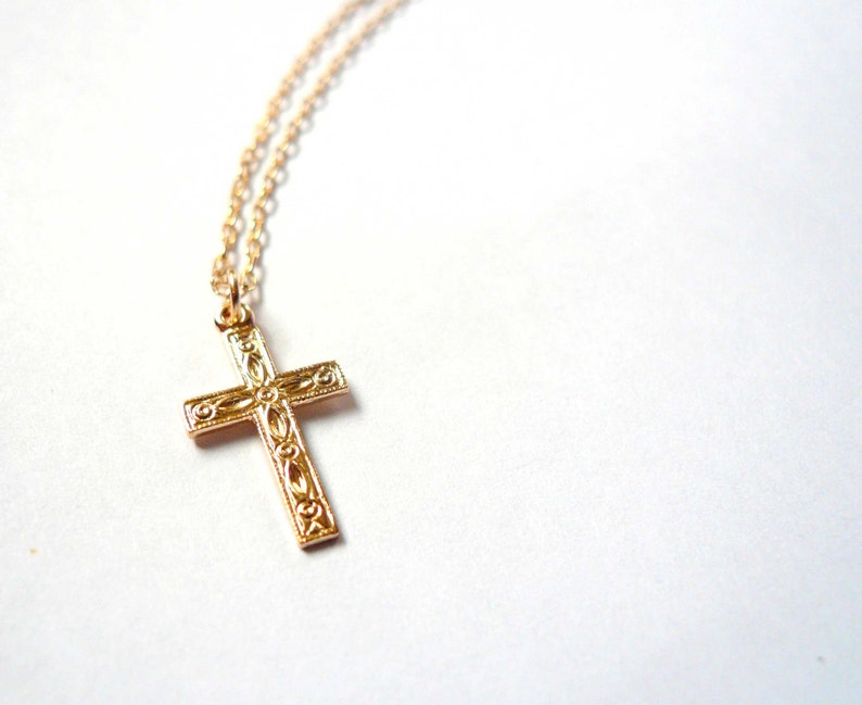 Gold cross necklace, Christian cross, heirloom religious necklace, first communion gift, confirmation gift, gift for mom, 14K GF gold fill