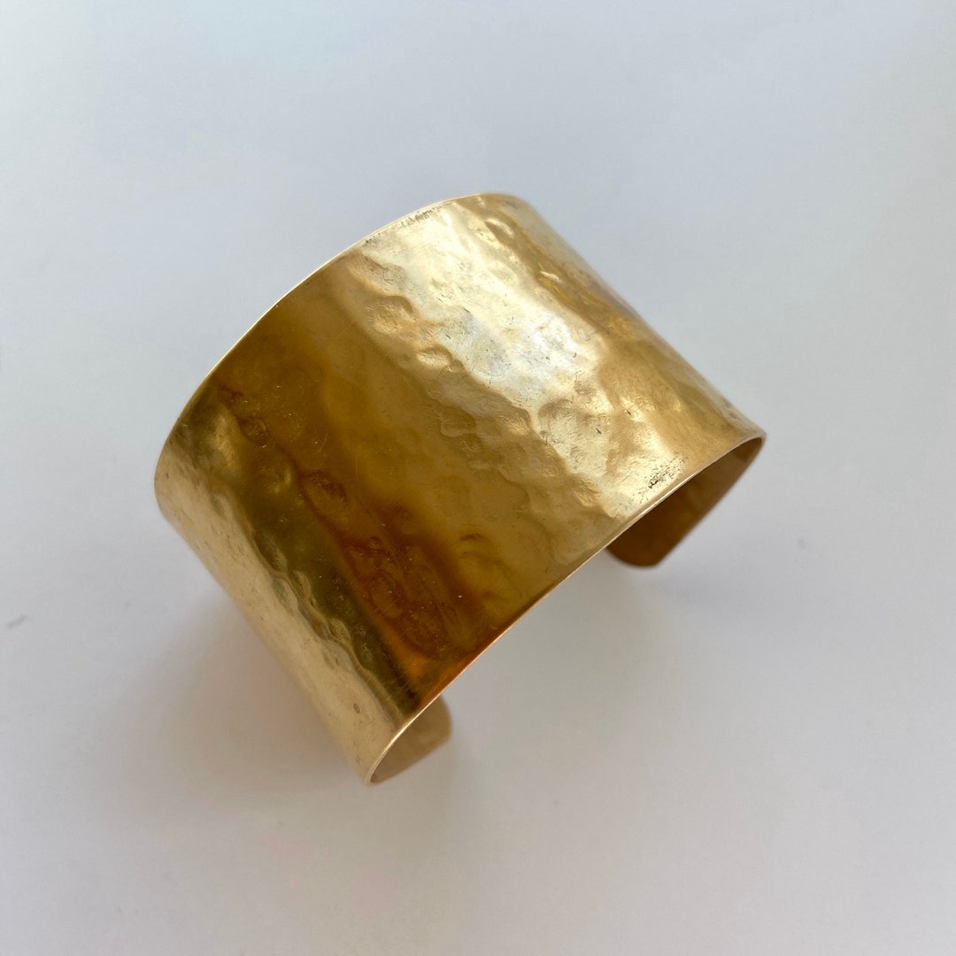 Wide Plain Brass Cuff, Simple Hand Hammered Big Gold Boho