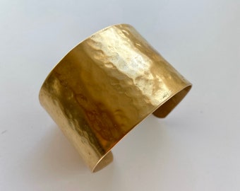 Wide plain brass cuff, simple hand hammered big gold Boho bracelet, Goddess cuff for bride wedding party or superhero, a signature piece